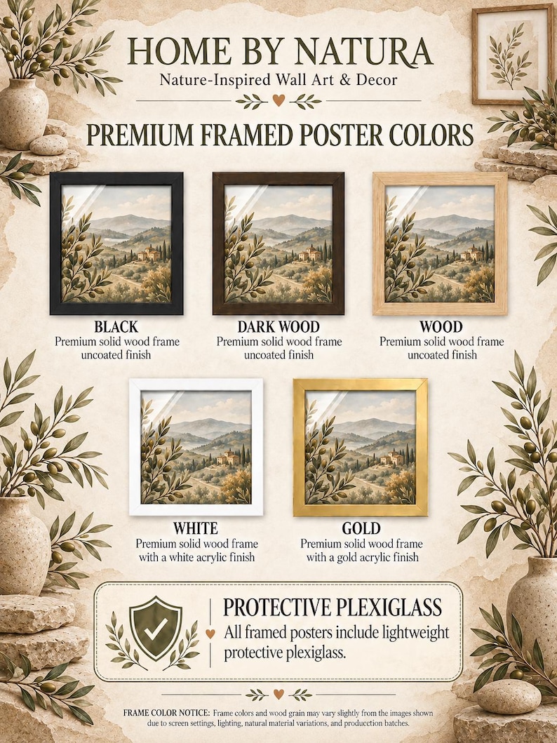 The image is an advertisement for "HOME BY NATURA" nature-inspired wall art and decor featuring a variety of premium framed poster colors.