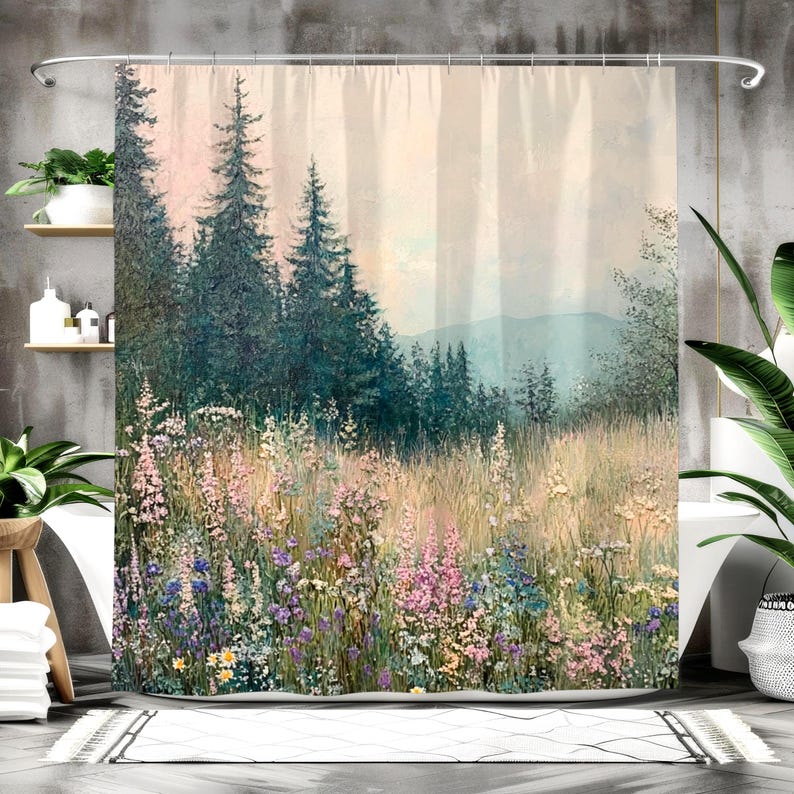 Nature-Inspired Shower Curtain, Evergreen Bathroom Decor, Serene Woodland Scene Home Decor, Forest Print Bathroom Decor image 1
