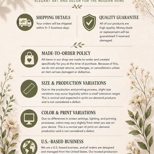 The image is a shipping and policy document with various details about the company's shipping and policies.