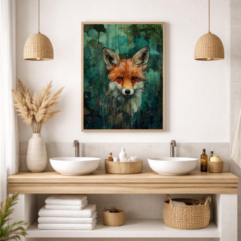 Cuadro decorativo de zorro, impresión en lienzo de fauna silvestre, obra de arte abstracta de animales enmarcada, decoración rústica de bosque, arte mural de naturaleza para la sala de estar. imagen 6