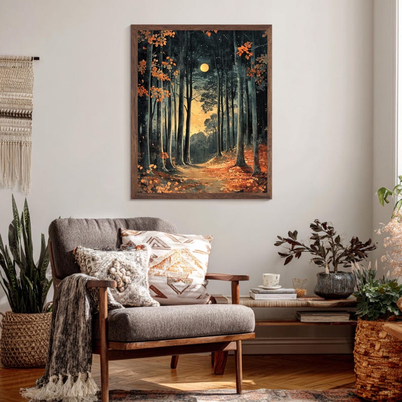 Mond Waldweg gerahmte Leinwand, Verzauberte Nacht Wald Wand Kunst, Goldener Mond Natur Druck, Rustikaler Wald Wohnkultur Akzent Bild 7