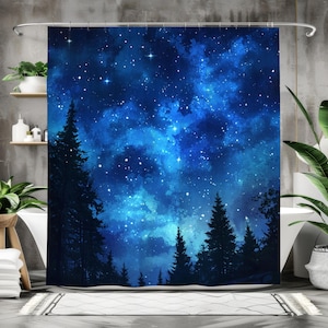 Celestial Night Sky Shower Curtain, Starry Sky Bathroom Decor, Cosmic Boho Theme, Moon and Stars Bathroom Curtain