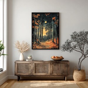 Mond Waldweg gerahmte Leinwand, Verzauberte Nacht Wald Wand Kunst, Goldener Mond Natur Druck, Rustikaler Wald Wohnkultur Akzent Bild 5