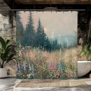May include: A shower curtain featuring a watercolor painting of a forest scene with tall trees and a field of wildflowers in shades of pink, purple, blue, and white.