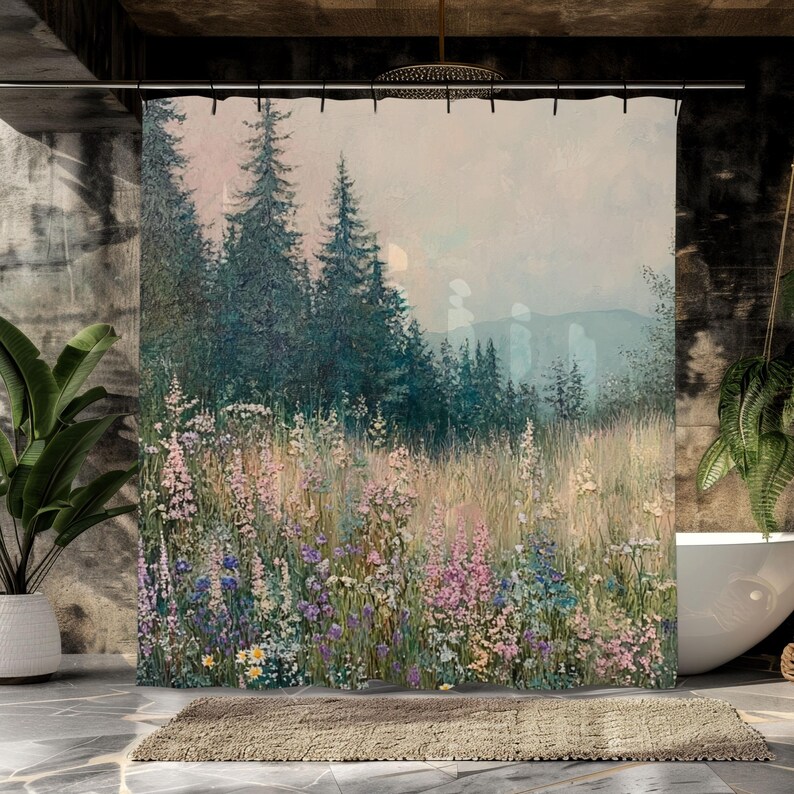 May include: A shower curtain featuring a watercolor painting of a forest scene with tall trees and a field of wildflowers in shades of pink, purple, blue, and white.