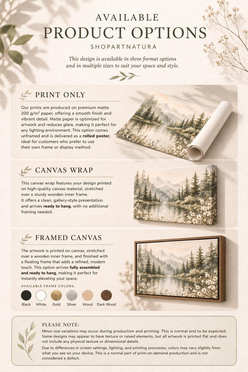 The image is a collection of three different product options available at Shpartnatura, including print options, canvas wrap options, and framed canvas options.
