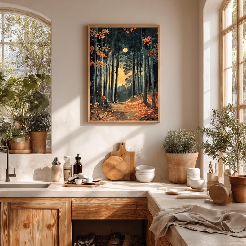 Mond Waldweg gerahmte Leinwand, Verzauberte Nacht Wald Wand Kunst, Goldener Mond Natur Druck, Rustikaler Wald Wohnkultur Akzent Bild 9