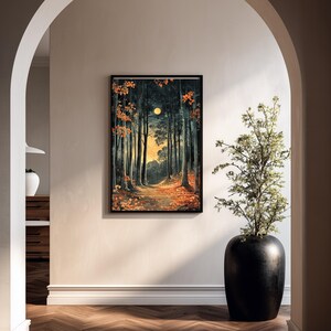 Mond Waldweg gerahmte Leinwand, Verzauberte Nacht Wald Wand Kunst, Goldener Mond Natur Druck, Rustikaler Wald Wohnkultur Akzent Bild 8