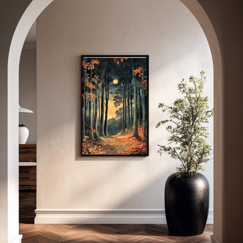 Mond Waldweg gerahmte Leinwand, Verzauberte Nacht Wald Wand Kunst, Goldener Mond Natur Druck, Rustikaler Wald Wohnkultur Akzent Bild 8