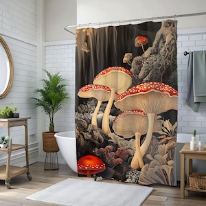 Whimsical Mushroom Forest Shower Curtain, Enchanted Bathroom Decor, Fairycore Aesthetic, Cottagecore Fungi Print, Nature Inspired Curtain