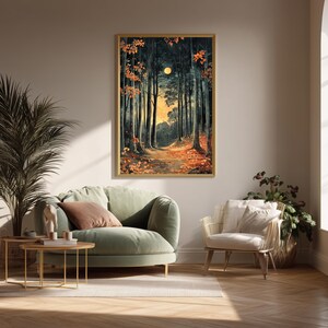 Mond Waldweg gerahmte Leinwand, Verzauberte Nacht Wald Wand Kunst, Goldener Mond Natur Druck, Rustikaler Wald Wohnkultur Akzent Bild 4