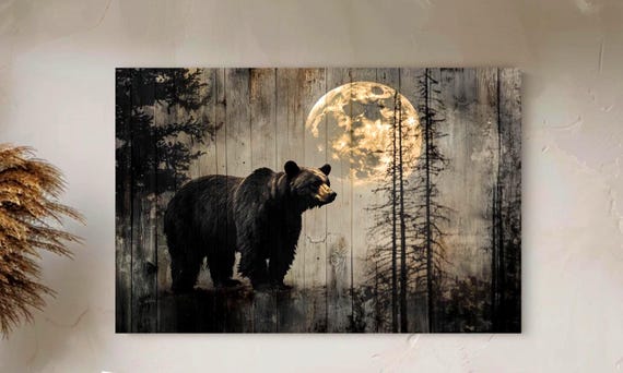 Black Bear Under Full Moon Rustic Canvas Art, Wildlife Cabin Wall Decor, Nature-Inspired Horizontal Wall Art, Lodge-Style Bear Painting