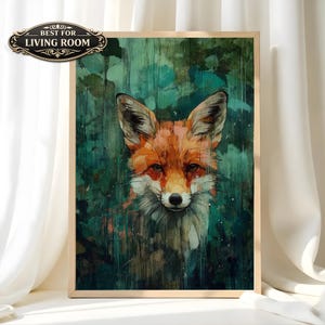 Cuadro decorativo de zorro, impresión en lienzo de fauna silvestre, obra de arte abstracta de animales enmarcada, decoración rústica de bosque, arte mural de naturaleza para la sala de estar. imagen 1