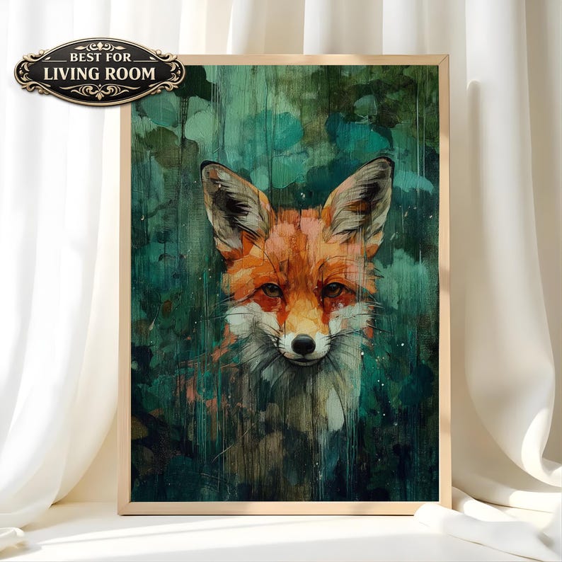 Cuadro decorativo de zorro, impresión en lienzo de fauna silvestre, obra de arte abstracta de animales enmarcada, decoración rústica de bosque, arte mural de naturaleza para la sala de estar. imagen 1