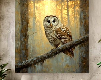 Cuadro de búho majestuoso, decoración de bosque, arte mural de animales salvajes, arte mural de búho, arte mural de naturaleza, arte mural estético, arte inspirado en la naturaleza