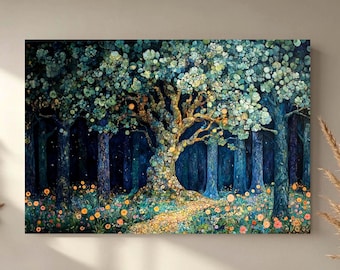 Mystischer Baum im verzauberten Wald Wandkunst, William Morris inspirierte Leinwand, Cottagecore Nachtgarten Illustration, Fantasy Natur Dekor