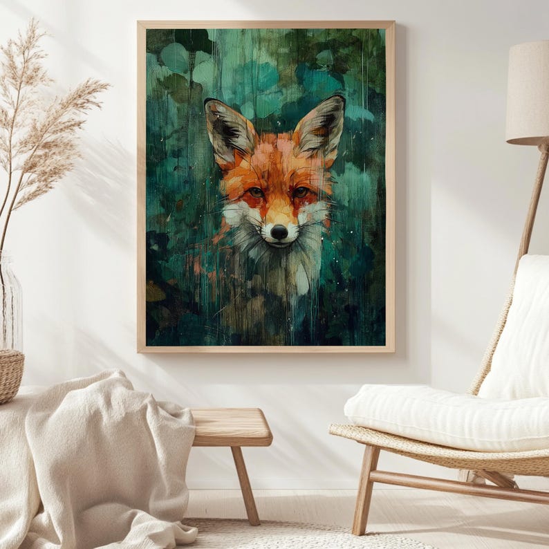 Cuadro decorativo de zorro, impresión en lienzo de fauna silvestre, obra de arte abstracta de animales enmarcada, decoración rústica de bosque, arte mural de naturaleza para la sala de estar. imagen 8