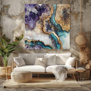 Natural Geode Look Canvas Art, Mystical Wall Art Canvas, Celestial Wall Art, Aesthetic Wall Art, Colorful Crystals Wall Art, Nature Wall Art image 2