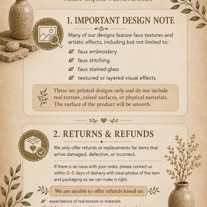 The image is a page from a brochure or flyer that provides information about a company's design services, including details about their design process and return policy.