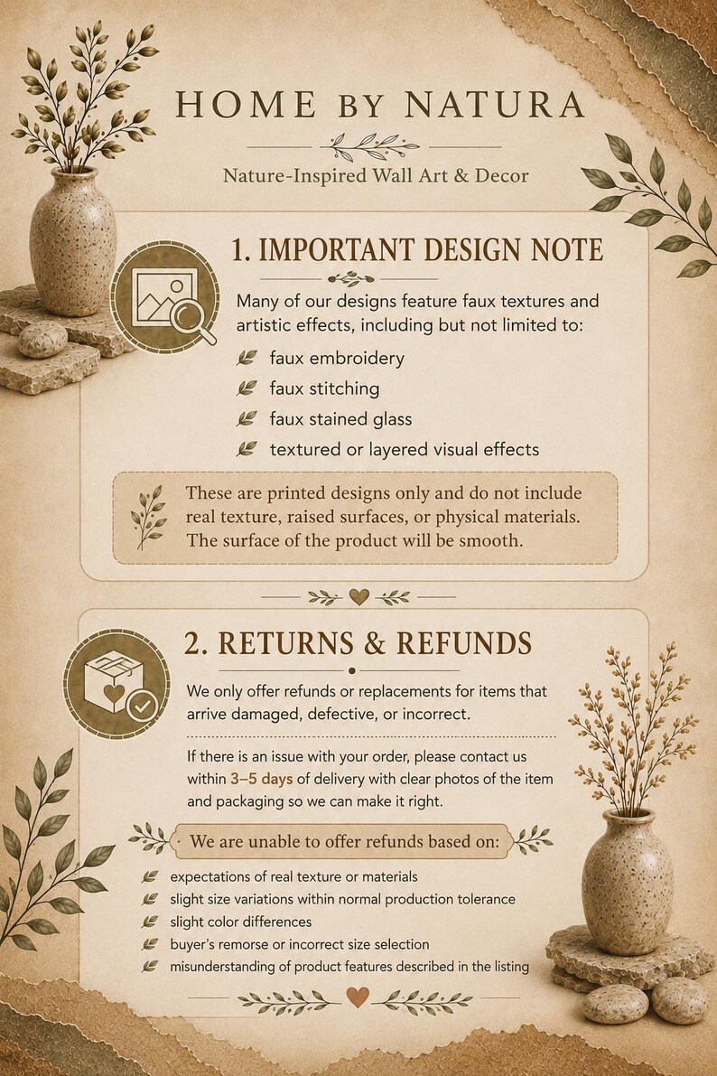 The image is a page from a brochure or flyer that provides information about a company's design services, including details about their design process and return policy.