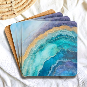 Blue Ocean Agate Coaster Set of 4, Aqua Teal Geode Look Pattern Drink Coasters, Elegant Natural Stone Inspired Table Decor