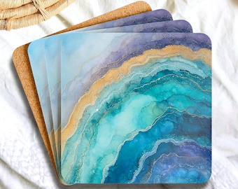 Ensemble de 4 sous-bocks bleu océan en agate, sous-bocks bleu sarcelle aqua motif aspect géode, décoration de table élégante inspirée de la pierre naturelle