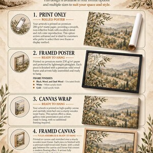 The image is an informational flyer or advertisement for wall art and decor products, providing details on available options for home decoration.