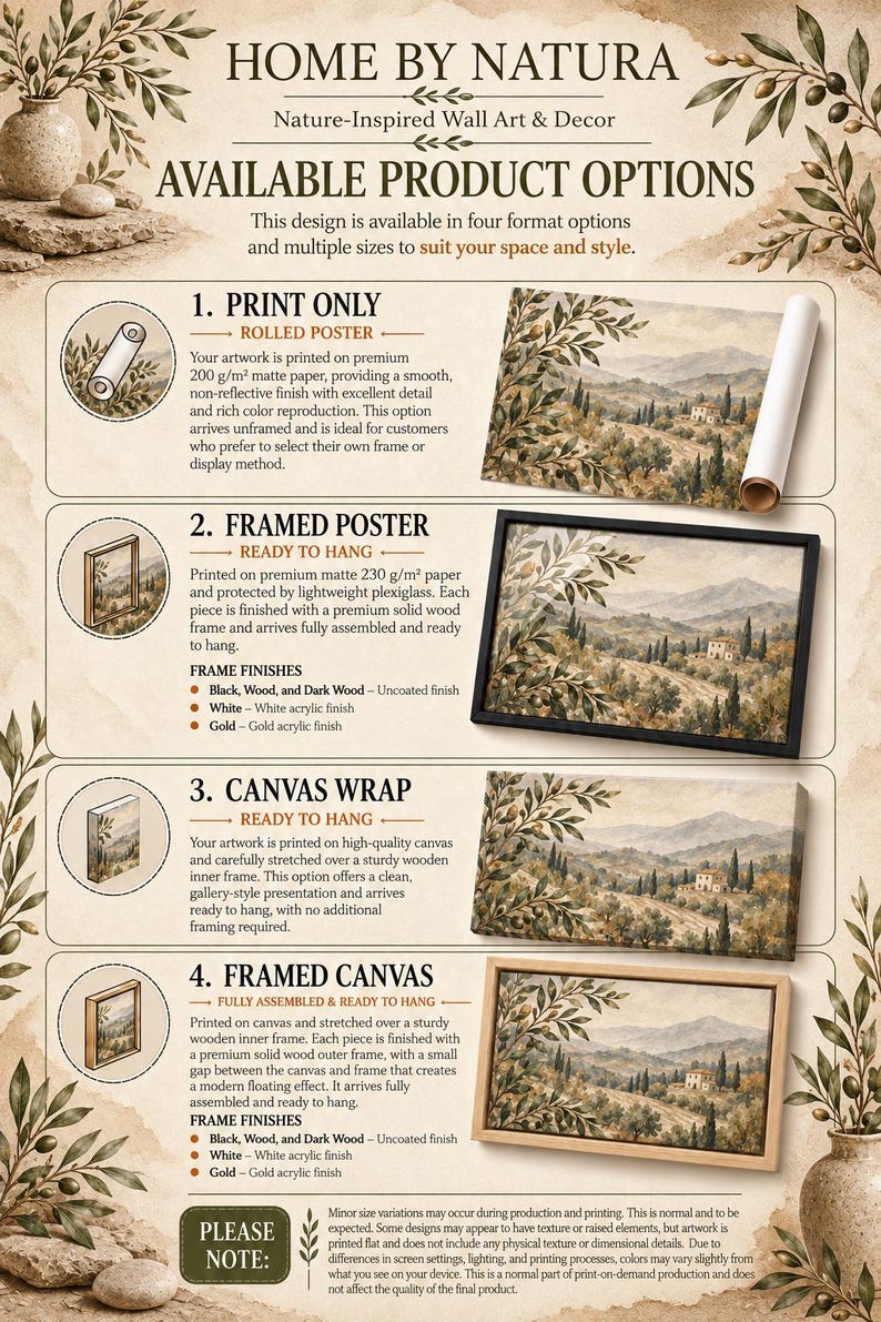 The image is an informational flyer or advertisement for wall art and decor products, providing details on available options for home decoration.
