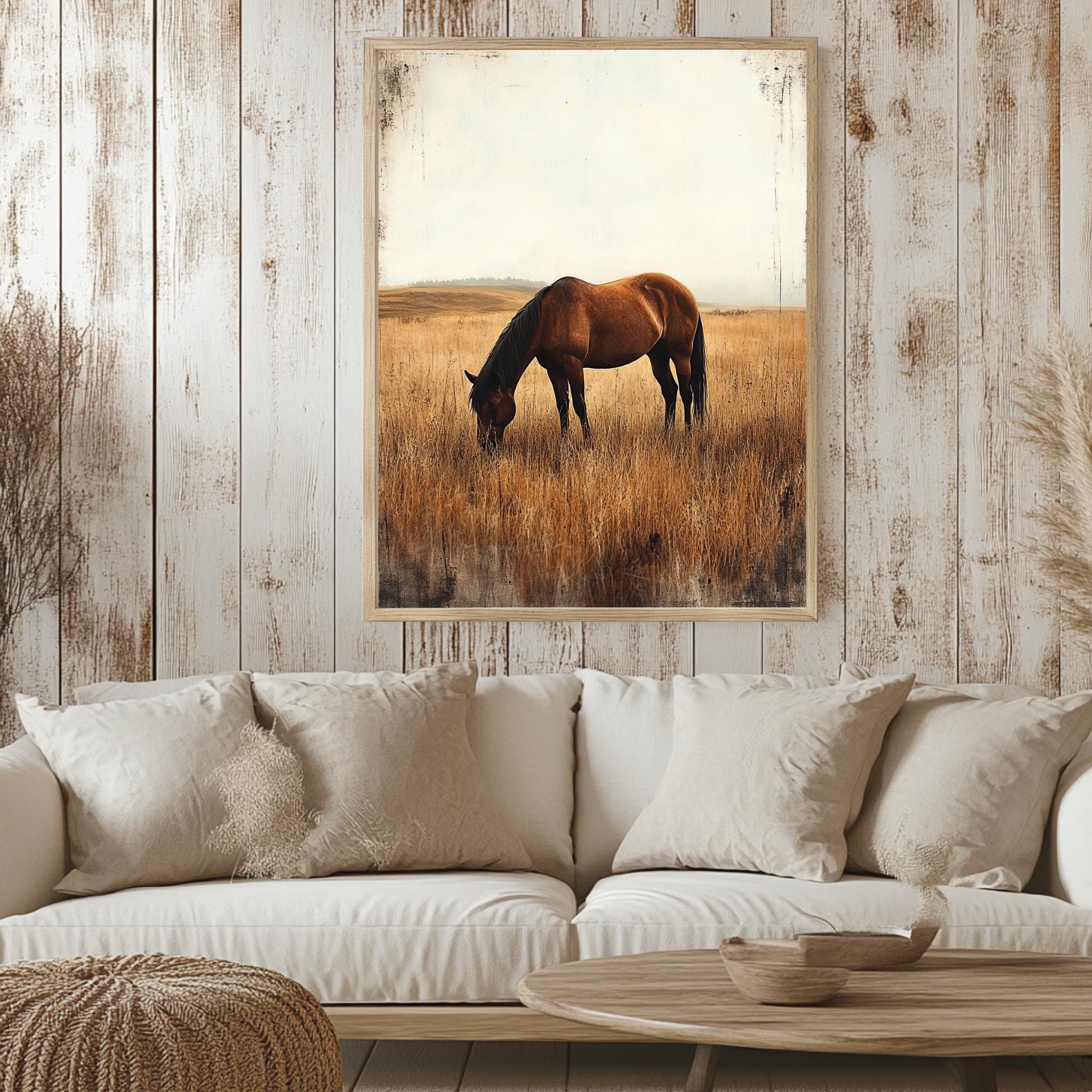 Rustic Horse Framed Canvas, Serene Western Landscape Wall Art, Natural Wood  Frame Decor, Countryside Boho Home Accent, Best for Calm Spaces, image size:2000x2000