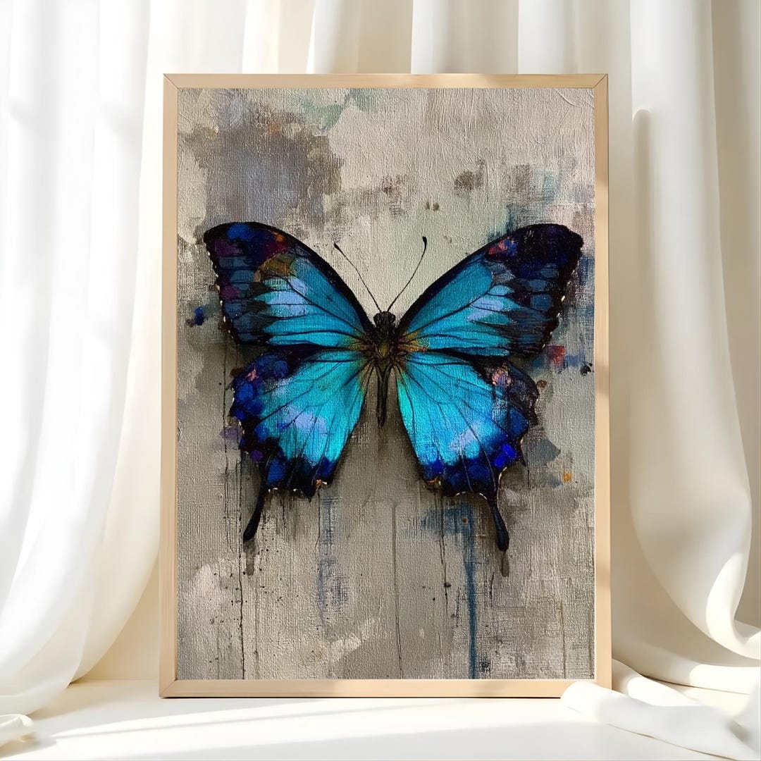 Blue Butterfly Wall Art, Abstract Insect Framed Canvas, Modern Nature ...