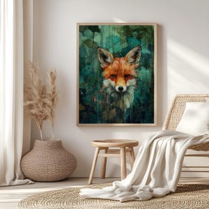 Cuadro decorativo de zorro, impresión en lienzo de fauna silvestre, obra de arte abstracta de animales enmarcada, decoración rústica de bosque, arte mural de naturaleza para la sala de estar. imagen 2