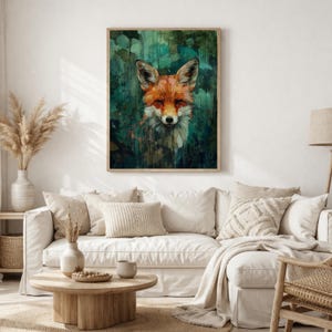 Cuadro decorativo de zorro, impresión en lienzo de fauna silvestre, obra de arte abstracta de animales enmarcada, decoración rústica de bosque, arte mural de naturaleza para la sala de estar. imagen 7