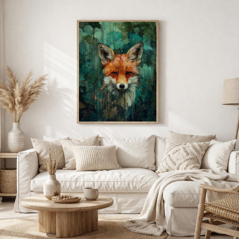 Cuadro decorativo de zorro, impresión en lienzo de fauna silvestre, obra de arte abstracta de animales enmarcada, decoración rústica de bosque, arte mural de naturaleza para la sala de estar. imagen 7