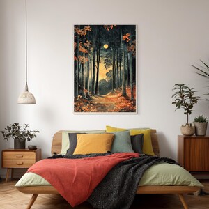 Mond Waldweg gerahmte Leinwand, Verzauberte Nacht Wald Wand Kunst, Goldener Mond Natur Druck, Rustikaler Wald Wohnkultur Akzent Bild 2