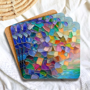 Rainbow Mosaic Look Glass Coaster Set of 4, Colorful Abstract Pattern Drink Coasters, Artistic Boho Table Decor