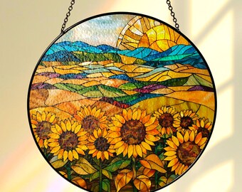 Acchiappasole ispirato alla natura con campo di girasoli, acrilico da appendere alla finestra, arte floreale effetto vetrata, arredamento boho rustico, regalo per lei