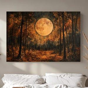 Full Moon Forest Wall Art, Mystical Autumn Woodland Canvas Print, William Morris Style Nature Decor, Framed or Unframed