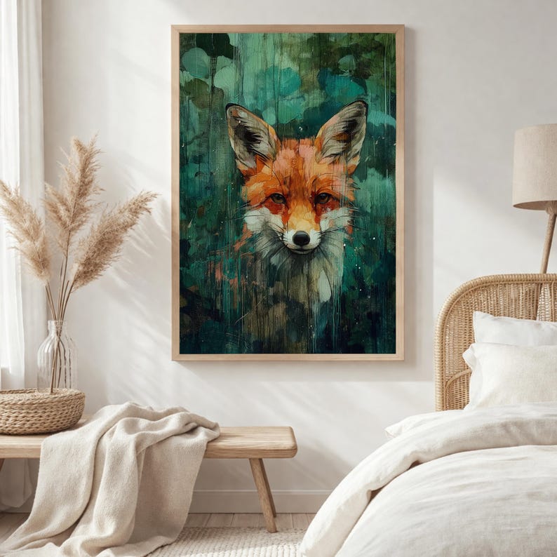 Cuadro decorativo de zorro, impresión en lienzo de fauna silvestre, obra de arte abstracta de animales enmarcada, decoración rústica de bosque, arte mural de naturaleza para la sala de estar. imagen 3