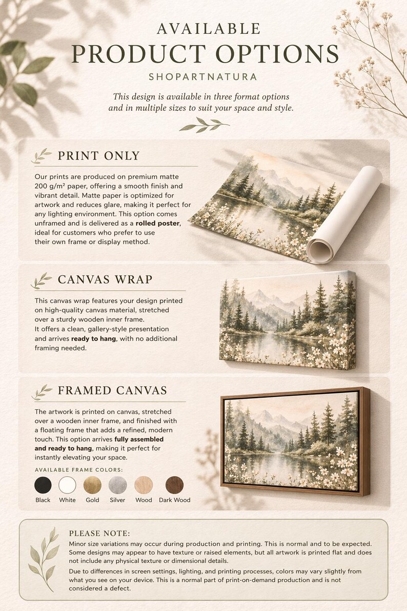 The image is a collection of three different product options available at Shpartnatura, including print options, canvas wrap options, and framed canvas options.