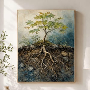 May include: A framed wall art print depicting a cross-section view of a tree with green maple-like leaves growing above ground and an intricate, exposed root system extending deep into the dark, rocky soil layers beneath the surface.