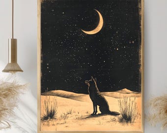 Cuadro enmarcado de un coyote solitario, arte mural de fauna salvaje nocturna del desierto, decoración con marco de madera natural, acento para el hogar de estilo bohemio del suroeste, ideal para rincones acogedores.