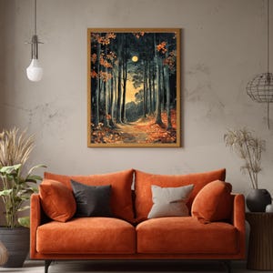 Mond Waldweg gerahmte Leinwand, Verzauberte Nacht Wald Wand Kunst, Goldener Mond Natur Druck, Rustikaler Wald Wohnkultur Akzent Bild 3