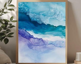 Coastal Colors Wooden Framed Canvas Art, Alcohol Ink Ocean-Inspired Abstract Wall Art, Beach House Décor, Coastal Aesthetic Fluid Art Print