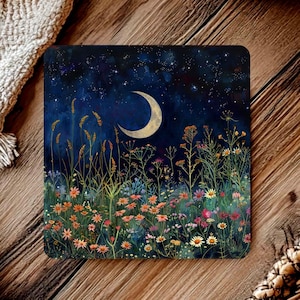 May include: Square coaster featuring a nighttime landscape with a crescent moon and a starry sky. The foreground displays colorful wildflowers and tall grasses in shades of orange, pink, and yellow. The background is a deep blue.