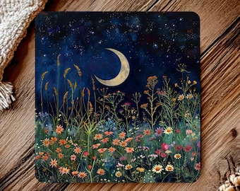 Stone Coaster Set of 4 Moonlit Meadow, Celestial Floral Coasters, Boho Garden Tableware Decor, Moon Gift Idea, Gift for Her
