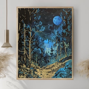Moonlit Forest Framed Canvas, Starry Night Woodland Wall Art, Natural Wood Frame Decor, Blue Night Sky Print, Mystical Nature Path Accent