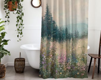 May include: A shower curtain featuring a nature scene with a forest of tall trees and a field of wildflowers in shades of pink, purple, and yellow. The background is a soft, hazy blue.