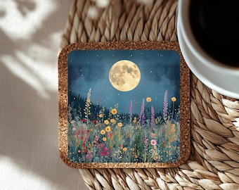 Stone Coaster Set of 4 Moonlit Wildflowers, Celestial Floral Art Coasters, Boho Nature Tableware Decor, Moon Gift Idea