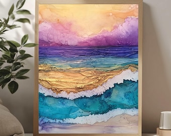 Abstract Alcohol Ink Wooden Framed Canvas Art, Coastal Colors Ocean-Inspired Wall Art, Beach House Décor, Coastal Aesthetic Fluid Art Print