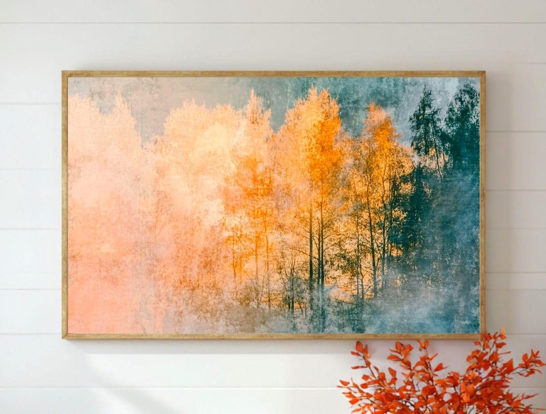 Golden Autumn Trees Canvas Wall Art, Misty Forest Landscape Print ...